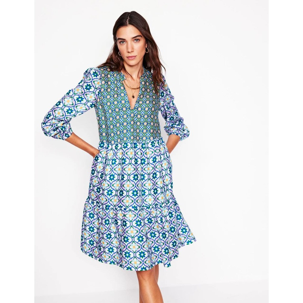 Boden Esme Linen Mini‎ Dress Multicolor Floweret Tile 14R New With Tags